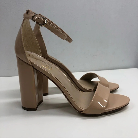 Sam Edelman Yaro Ankle Strap Sandal Beige Nude Patent Block Heel Size 8.5 - Picture 3 of 7